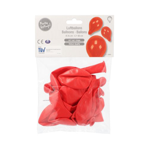 In einer Klarsichtverpackung der PAPSTAR GmbH befinden sich 10 unaufgeblasene rote Latexballons (Heliumqualität, Ø 25 cm), deren oberes Etikett Abbildungen von Ballons zeigt und auf die Eignung zur Dekoration hinweist.