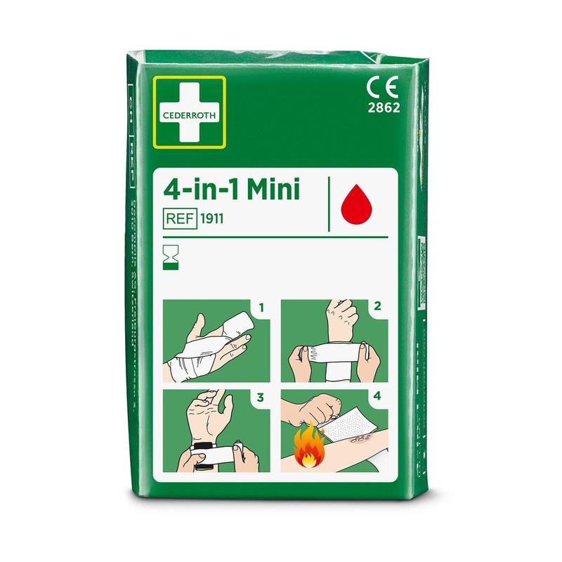 Egy zöld csomag, amelyen a "Cederroth 4-in-1 mini vérzéscsillapító" felirat található az Orkla Wound Care AB-től, négy illusztrált lépés szimbólumával a kéz- vagy karsebek kötözésére, beleértve az égési sérüléseket is. Egy darab csomagonként.