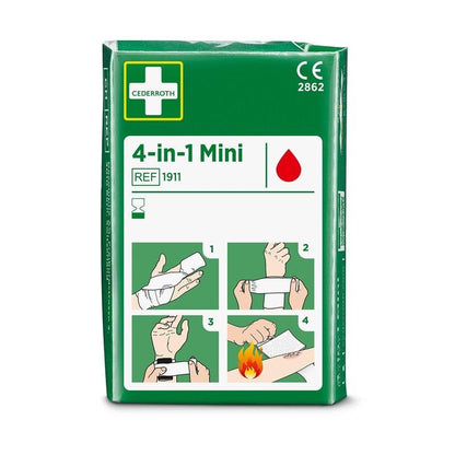 Egy zöld csomag, amelyen a "Cederroth 4-in-1 mini vérzéscsillapító" felirat található az Orkla Wound Care AB-től, négy illusztrált lépés szimbólumával a kéz- vagy karsebek kötözésére, beleértve az égési sérüléseket is. Egy darab csomagonként.