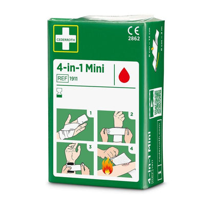 Egy zöld-fehér csomag, amelyen a "Cederroth 4-in-1 mini vérzéscsillapító" (Orkla Wound Care AB, 1 darab) felirat található, viseli a CE jelölést és egy képes útmutatót a sebkezeléshez, kötözéshez és az égési sérülések elleni védelemhez.