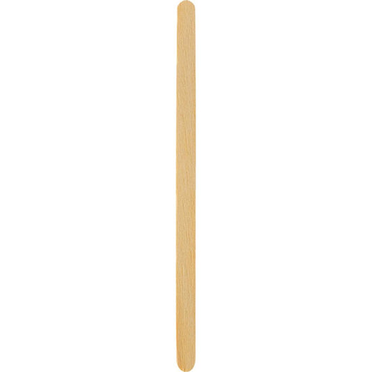 Ein einzelnes, vertikal stehendes Rührstäbchen aus Holz (Duni GmbH, Natural Holz 140), mit abgerundeten Enden, Packung à 1000 Stück, vor weißem Hintergrund fotografiert.