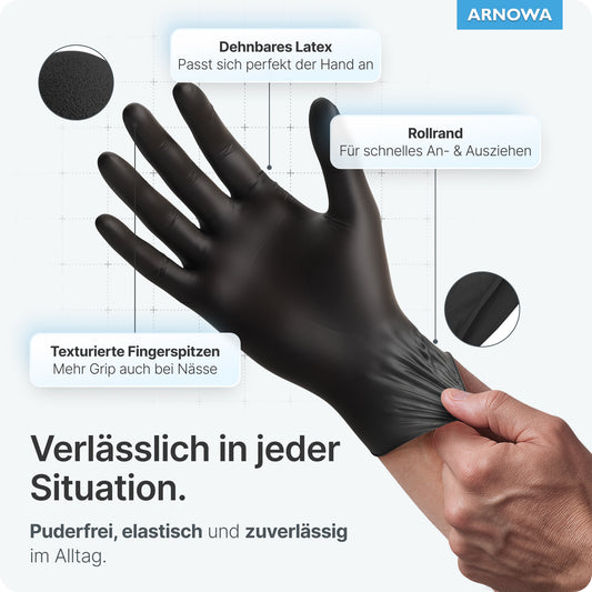 Eine Person trägt ARNOMED LATEX BLACK puderfreie Einmalhandschuhe aus Latex in Schwarz von ARNOWA GmbH, mit dehnbaren Latex, texturierten Fingerspitzen für Griff und gerollten Rand-alle Produktinfos auf Deutsch.