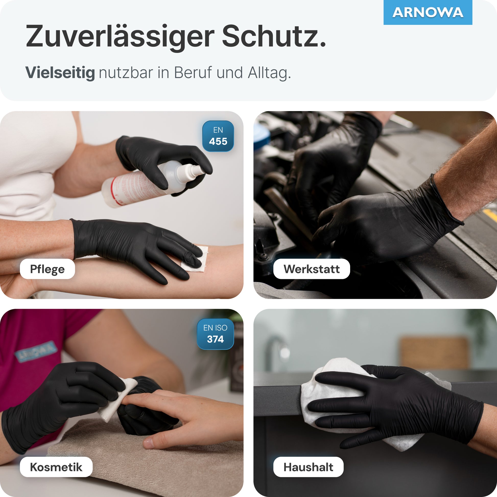 Vier Fotos zeigen Hände, die ARNOMED LATEX BLACK puderfreie Einmalhandschuhe aus Latex in Schwarz (von ARNOWA GmbH) für Pflege, Werkstatt, Kosmetik und Haushalt tragen - der deutsche Text hebt ihre Vielseitigkeit hervor.