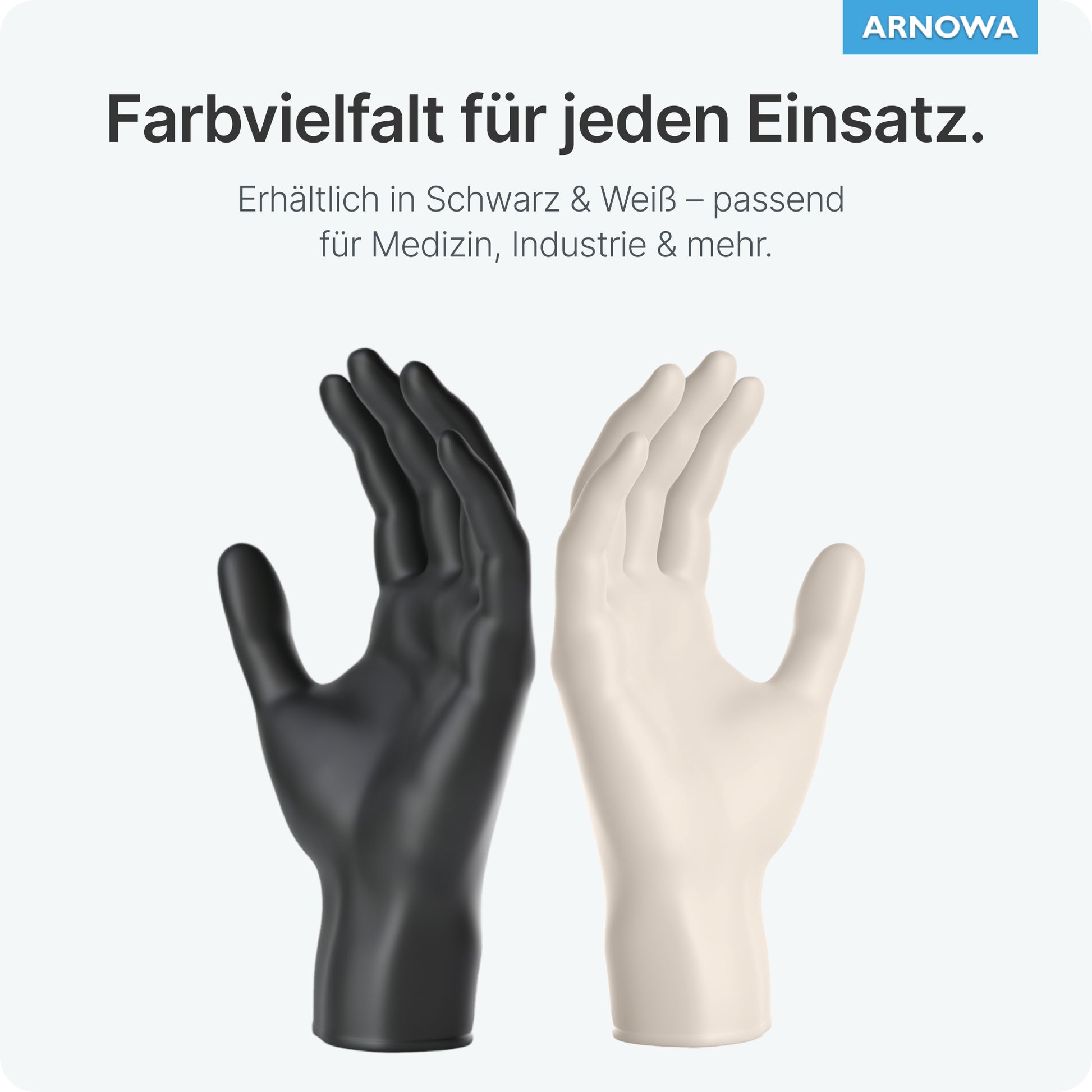 Vor hellem Hintergrund stehen zwei ARNOMED LATEX BLACK puderfreie Einmalhandschuhe von ARNOWA GmbH - einer schwarz, einer weiß. Die schwarzen Latexhandschuhe sind für Medizin, Industrie und mehr erhältlich.