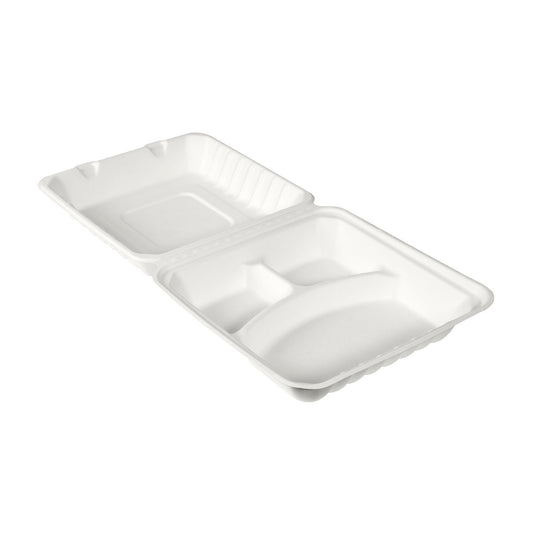 Die weiße BioPak Menübox 350/120/120 ml von Duni GmbH aus Bagasse (236x231x81 mm) hat drei Fächer und einen Klappdeckel. Sie ist umweltfreundlich, rechteckig und wird im 50er Pack geliefert.