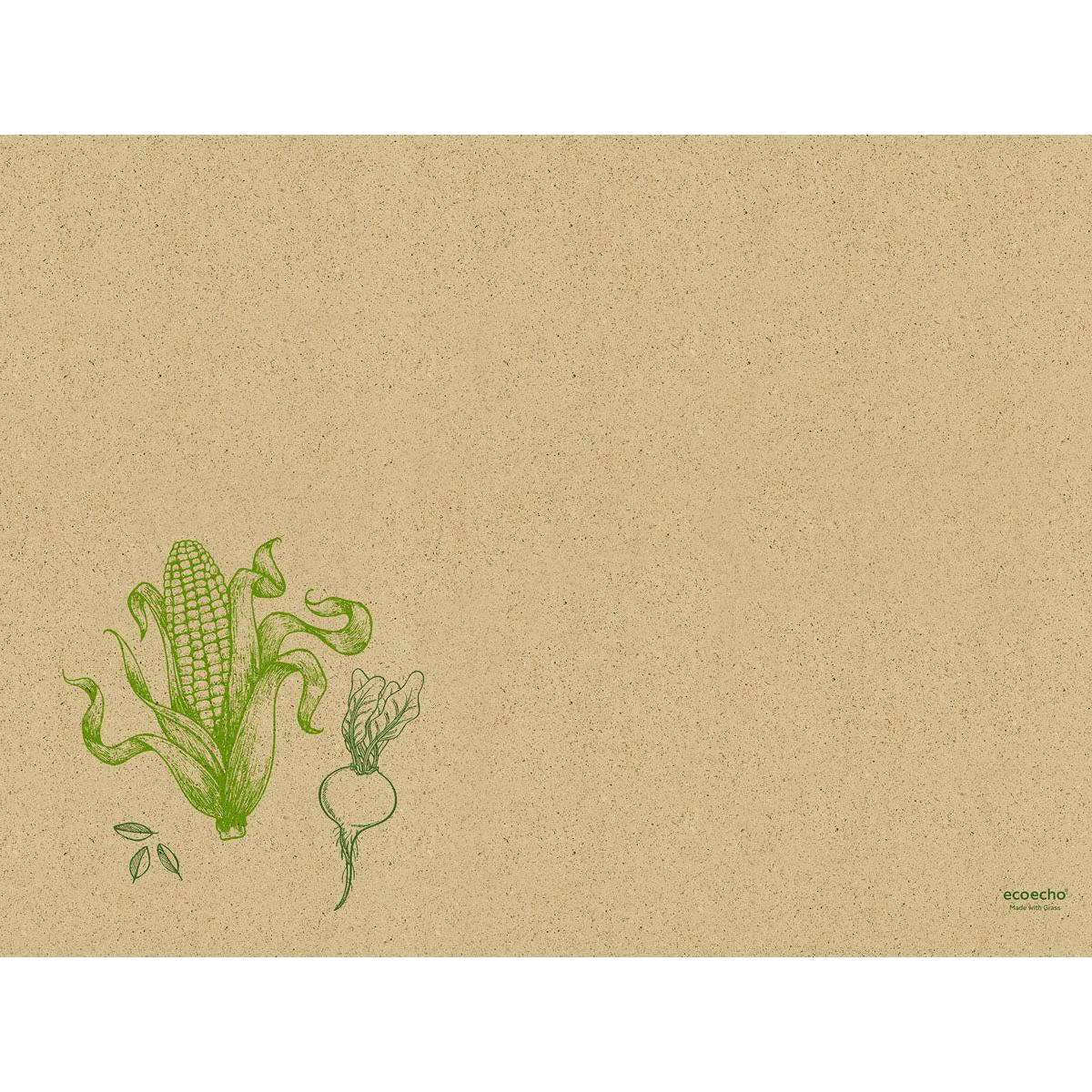 Egy strukturált barna fűpapír asztalterítő 30 x 40 cm-es Veggies a Duni GmbH-tól zöld zöldségvázlatokat és kis "Ecoecho" és "sustainable" feliratokat mutat be, amelyek kiemelik ezeket a környezetbarát alátéteket. A csomag 250 darabot tartalmaz.
