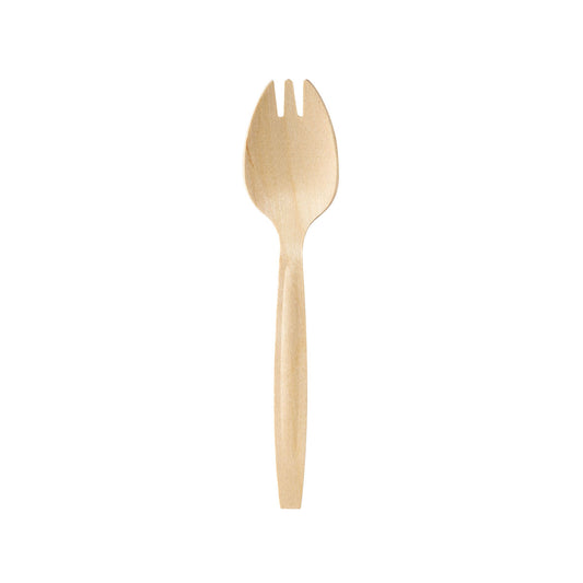 Ein Duni GmbH Göffel / Spork 147 mm, Holz gewachst, mit einer glatten Oberfläche ist auf einem weißen Hintergrund zentriert. Dieses umweltfreundliche Utensil kombiniert die Funktionen von Löffel und Gabel und verfügt über drei kurze Zinken am oberen Ende. Packung: 100 Stück.