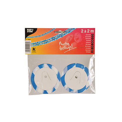 Egy csomag két kék-fehér csíkos papírgirlandával (PAPSTAR GmbH), mindegyik fehér maggal feltekerve és a „Partygefühle!” felirattal, 2 x 2 métert mér. Bal felső sarokban a PAPSTAR-logó látható.