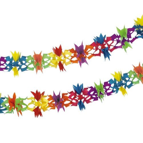 A PAPSTAR "Fantasy" girland egy 6 m hosszú papírgirland (Ø 17 cm) színes, kivágott formákkal piros, sárga, zöld, kék, lila és narancs színekben, amelyek ragyogóvá teszik a buliját. Tökéletes, élénk dekoráció a PAPSTAR GmbH-tól. Két átfedő szálként ábrázolva.