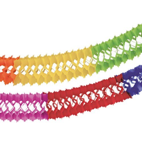 A PAPSTAR GmbH "Intensive" papírgirland (Ø 16 cm, 4 m, nehezen gyulladó) élénk zöld, sárga, narancssárga, lila, piros és kék szegmenseket mutat méhsejt mintázatban - az ideális dekoráció minden ünnepséghez.