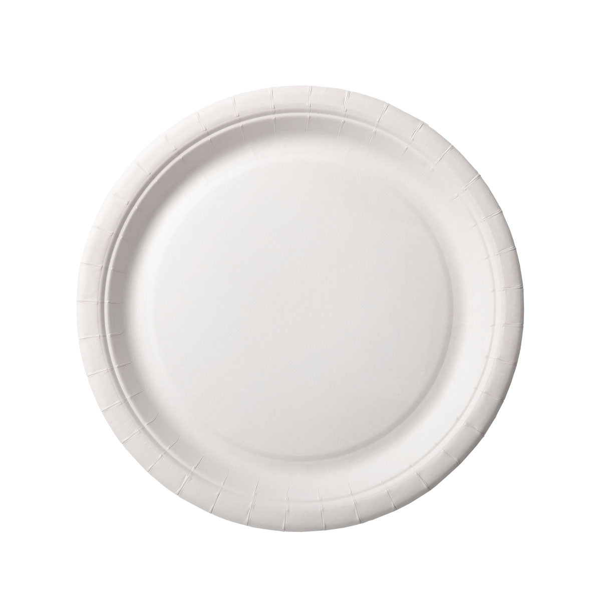 Egy kerek, fehér 18 cm-es papírtányér a Duni GmbH-tól (100 darabos csomag) felülről nézve fehér alapon áll, és enyhén megemelt, finom textúrájú pereme van.