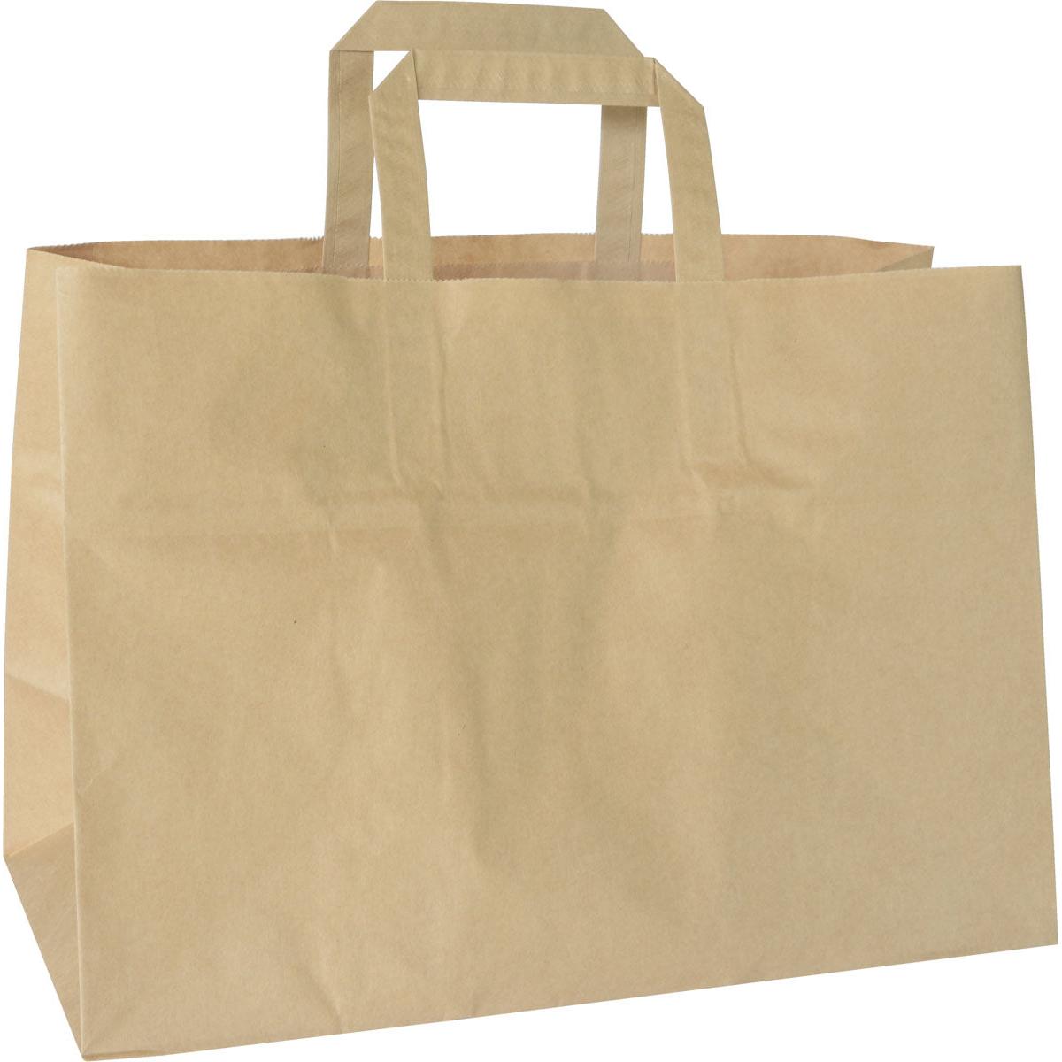 Egy Take-Away táska barna papír FSC 360x170x257 a Duni GmbH-tól üresen és függőlegesen áll fehér háttéren. A környezetbarát, FSC-tanúsítvánnyal rendelkező papírból készült táska két lapos fogantyúval látható gyűrődéseket mutat. Csomag: 200 darab.