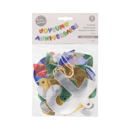 A PAPSTAR GmbH "Joyeux Anniversaire" (1,9 m) üdvözlőlánc egy ünnepi, színes girland a születésnapi dekorációhoz fémes betűkkel. Átlátszó műanyag zacskóban, feliratos fedéllel szállítva.