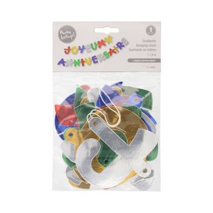A PAPSTAR GmbH "Joyeux Anniversaire" (1,9 m) üdvözlőlánc egy ünnepi, színes girland a születésnapi dekorációhoz fémes betűkkel. Átlátszó műanyag zacskóban, feliratos fedéllel szállítva.