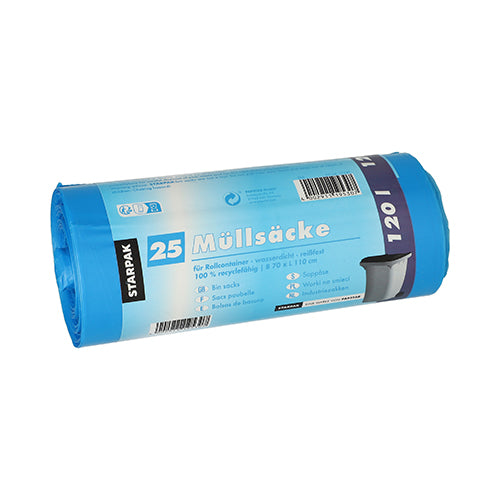Starpak 25 Müllsäcke, HDPE 120 l (110 x 70 cm); jeder robuste blaue Sack enthält Recyclinginformationen, Abmessungen und einen Barcode auf der Verpackung zur einfachen Bezugnahme.