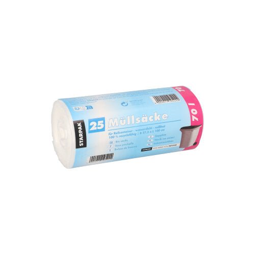 A képen egy tekercs 25 átlátszó Starpak szemeteszsák (HDPE, 70l, 100x57,5cm) látható, német termékinformációval a Starpak szalagján, fehér háttérrel.