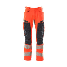 Nadrág térdzsebekkel, sztreccs betétes nadrág, hi-vis piros/fekete-kék