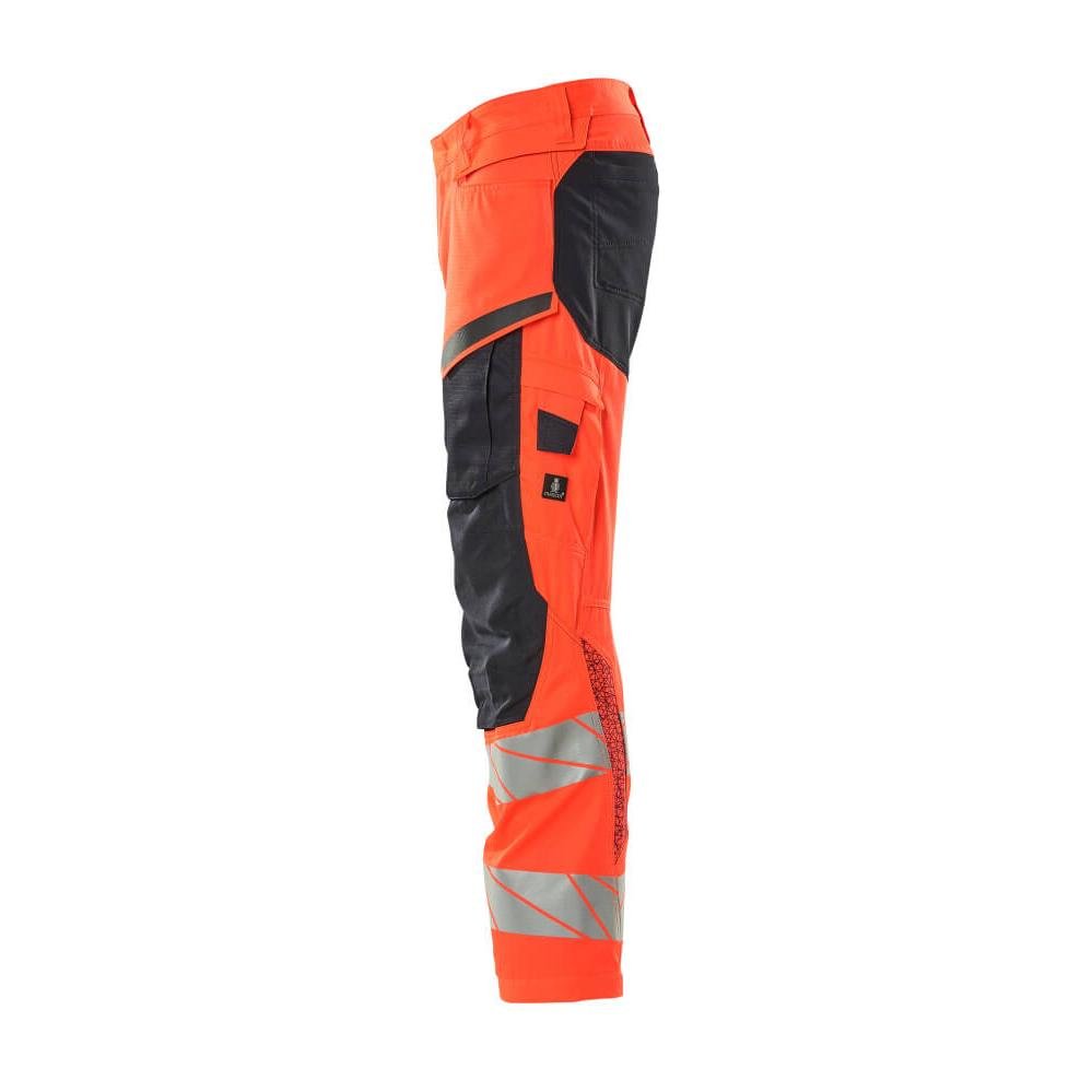 Nadrág térdzsebekkel, sztreccs betétes nadrág, hi-vis piros/fekete-kék