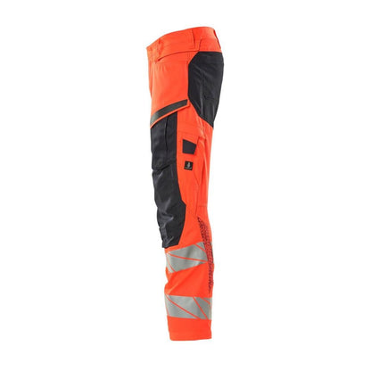 Nadrág térdzsebekkel, sztreccs betétes nadrág, hi-vis piros/fekete-kék