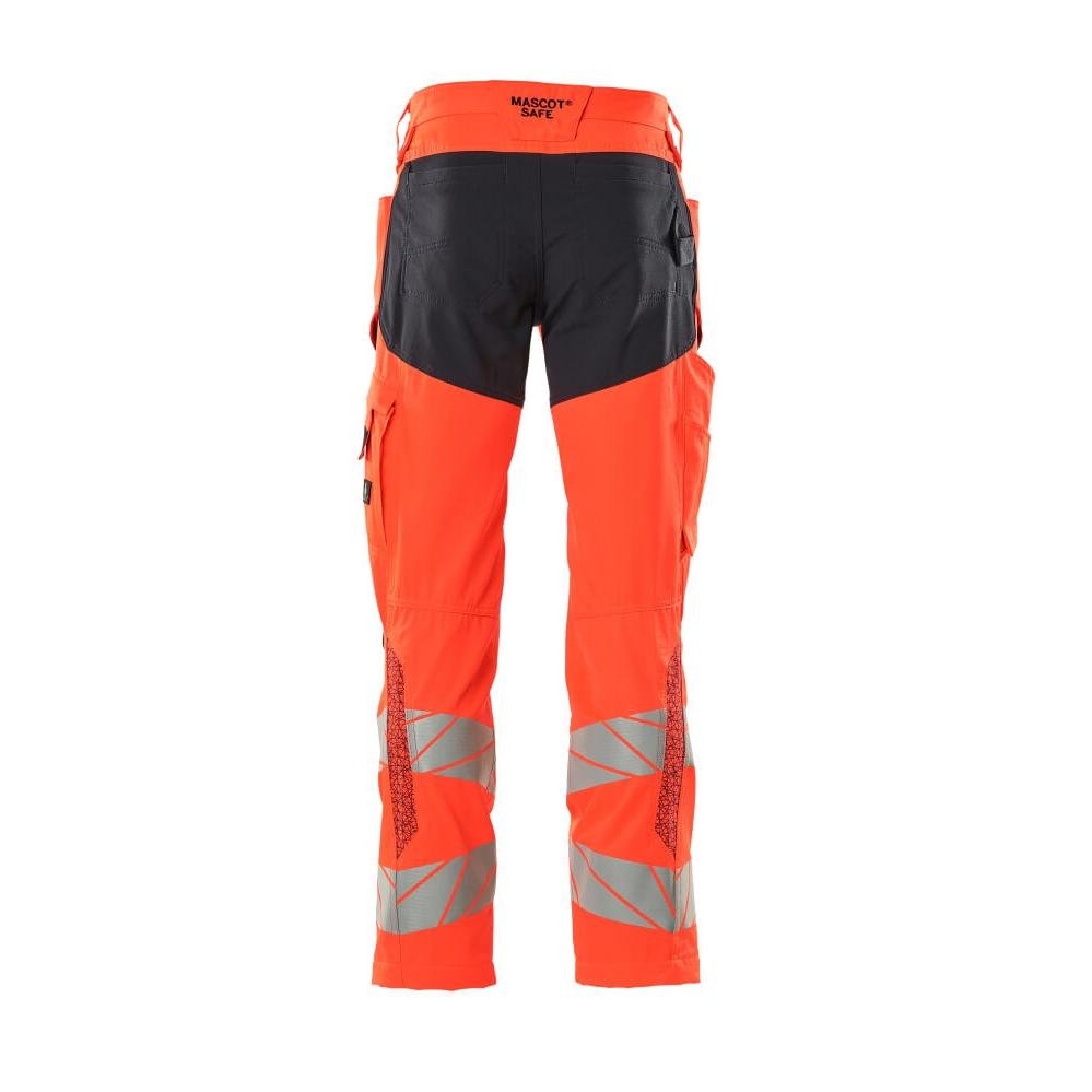 Nadrág térdzsebekkel, sztreccs betétes nadrág, hi-vis piros/fekete-kék