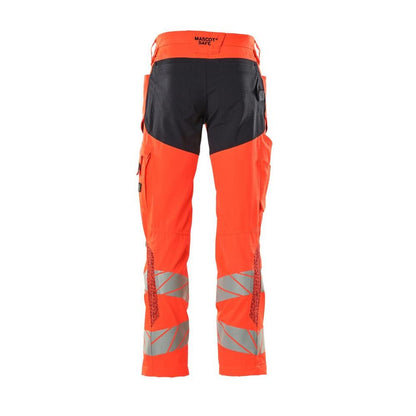 Nadrág térdzsebekkel, sztreccs betétes nadrág, hi-vis piros/fekete-kék