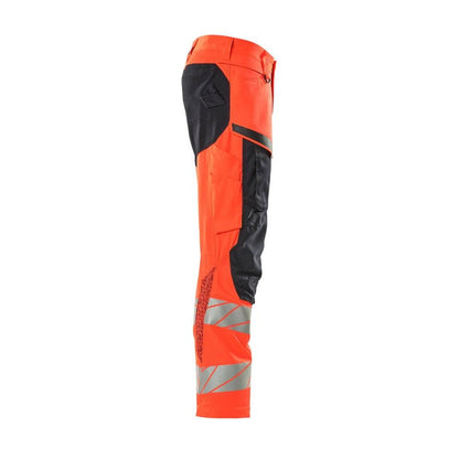 Nadrág térdzsebekkel, sztreccs betétes nadrág, hi-vis piros/fekete-kék