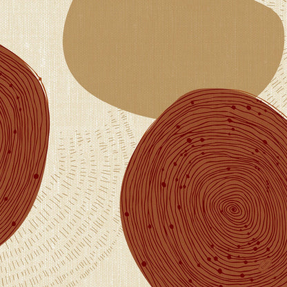 Absztrakt kép nagy, egymást átfedő bézs és barna formákkal, amelyeket a Klassikservietten 40 x 40 cm 4-rétegű, dombornyomott 1/4 hajtású Duni GmbH ihletett. Kör alakú formák koncentrikus akcentusokkal és egy szabálytalan világosbarna forma egy lineáris háttéren.