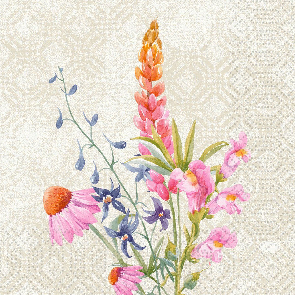 Egy akvarell vadvirág illusztráció a Floret Design-tól díszíti ezeket a 3 rétegű Duni GmbH szalvétákat, 33x33 cm, 250 darabos csomag.