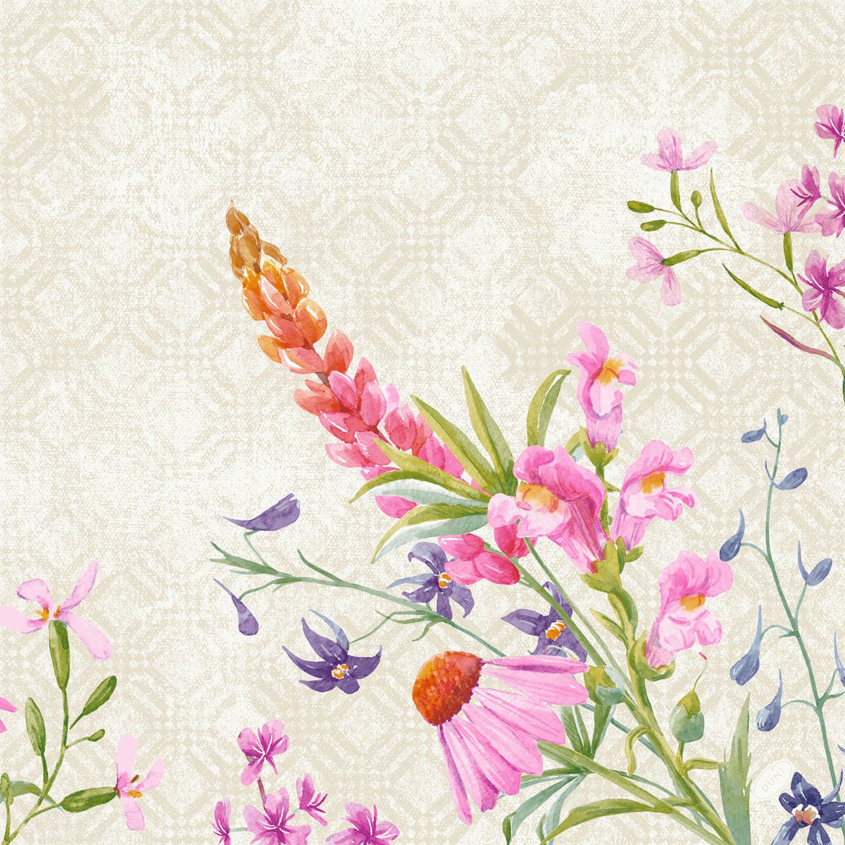 Egy akvarell illusztráció rózsaszín, lila és narancssárga vadvirágokról alkotja az elegáns Floret mintát ezeken a Duni GmbH Klassik Floret szalvétákon 40x40 cm (50 darabos csomag) - ideális egy stílusos asztaldekorációhoz.