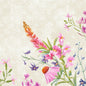 Egy akvarell illusztráció rózsaszín, lila és narancssárga vadvirágokról alkotja az elegáns Floret mintát ezeken a Duni GmbH Klassik Floret szalvétákon 40x40 cm (50 darabos csomag) - ideális egy stílusos asztaldekorációhoz.