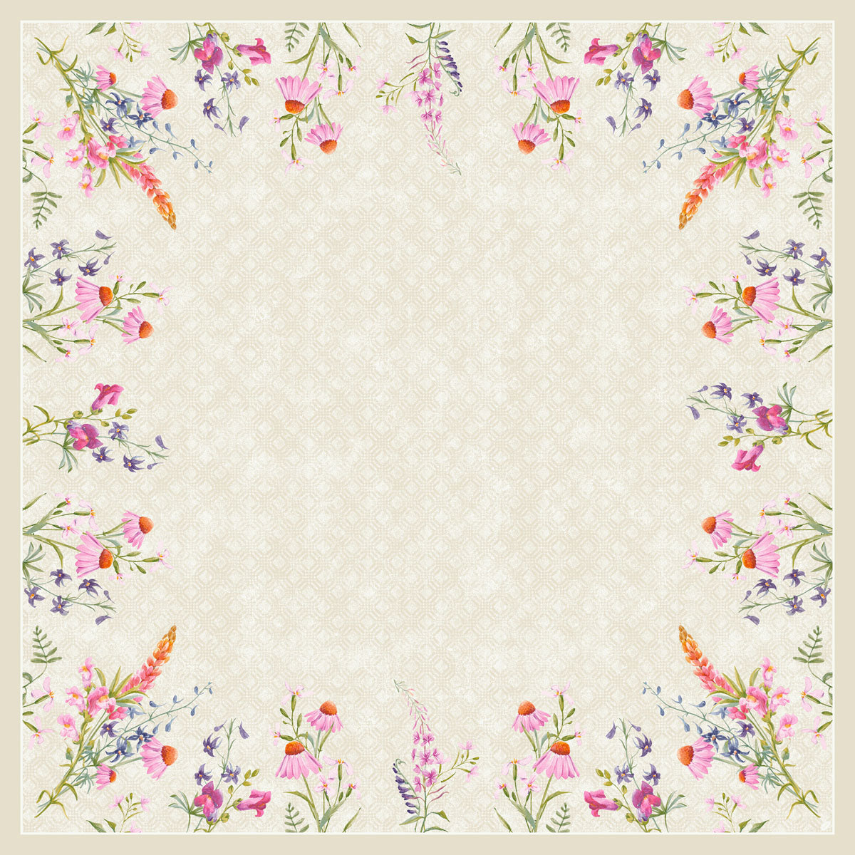 Die Dunicel-Mitteld. 84x84cm Floret von Duni GmbH ist ein quadratischer beiger Tischbelag mit dezentem Blümchenmuster und aquarellartigen Wildblumenbordüren in Rosa, Lila, Orange und Grün; die Mitte ist frei für Text oder Bilder.
