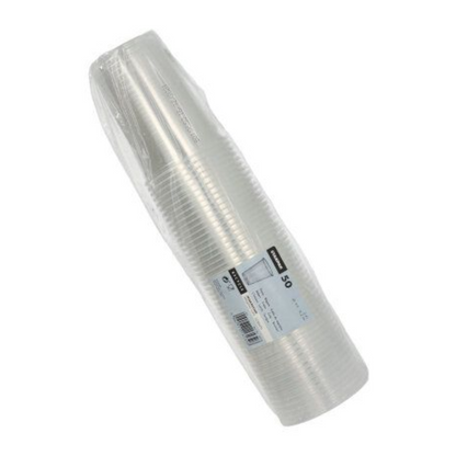 Egy sor átlátszó Starpak műanyag pohár, amelyeket rendezetten egy henger alakban helyeztek el, és műanyag csomagolásba csomagoltak. A csomagoláson egy címke található a termék részleteivel és vonalkóddal. Ezek új Starpak műanyag poharak (PP), 0,4 literes űrtartalommal, 9,5 cm átmérőjű és 12,2 cm magas méretekkel, 50 darabos csomagban, habszéllel.