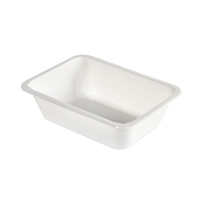A Duni GmbH CPET Take-Away kicsi fehér CPET egy fehér, téglalap alakú zománctál lekerekített sarkokkal és ferde oldalakkal, amely tökéletesen alkalmas mikrohullámú sütőben használható vagy hőálló elviteles tartályként, fehér háttér előtt ábrázolva.