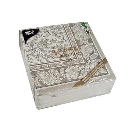 Egy lezárt csomag 50 PAPSTAR "ROYAL Collection" szalvétával, 1/4-hajtás, 40 x 40 cm, szürke. A PAPSTAR GmbH csomagolása a sarkon márkajelzéssel és termékadatokkal van ellátva.