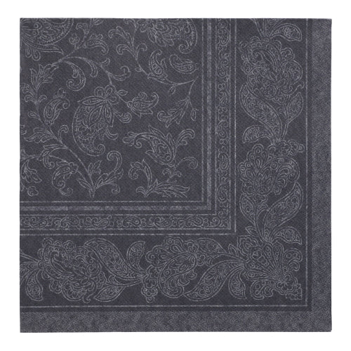 Közelkép egy négyszögletes, fekete szalvéta PAPSTAR 50 szalvéta "ROYAL Collection" 1/4-hajtású, 40 x 40 cm a PAPSTAR GmbH-tól, bonyolult paisley- és virágmintával a szélén és közepén.