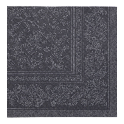 Közelkép egy négyszögletes, fekete szalvéta PAPSTAR 50 szalvéta "ROYAL Collection" 1/4-hajtású, 40 x 40 cm a PAPSTAR GmbH-tól, bonyolult paisley- és virágmintával a szélén és közepén.