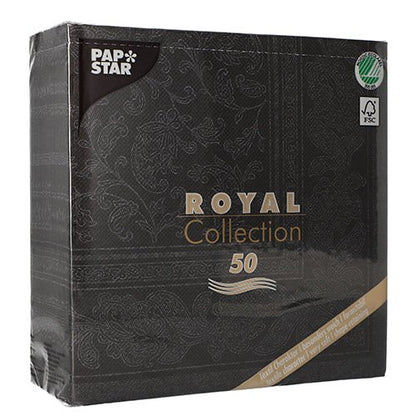 Egy fekete csomagolás PAPSTAR GmbH 50 szalvéta "ROYAL Collection" 1/4-hajtású, 40 x 40 cm, fekete, dekoratív mintákkal és környezetbarát szimbólumokkal az elején.