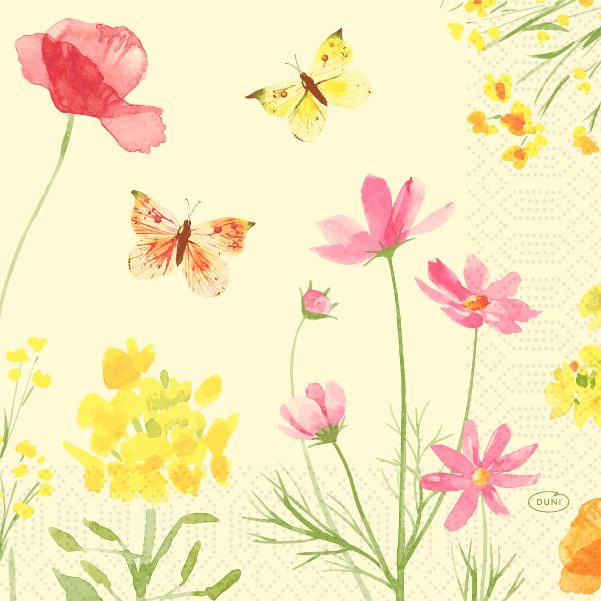 Die Servietten 33x33 cm, Poppy Field Design von Duni GmbH zeigen ein Aquarelldesign aus rosa und gelben Wildblumen und Schmetterlingen auf hellem Grund; die Packung enthält 250 elegante Servietten.