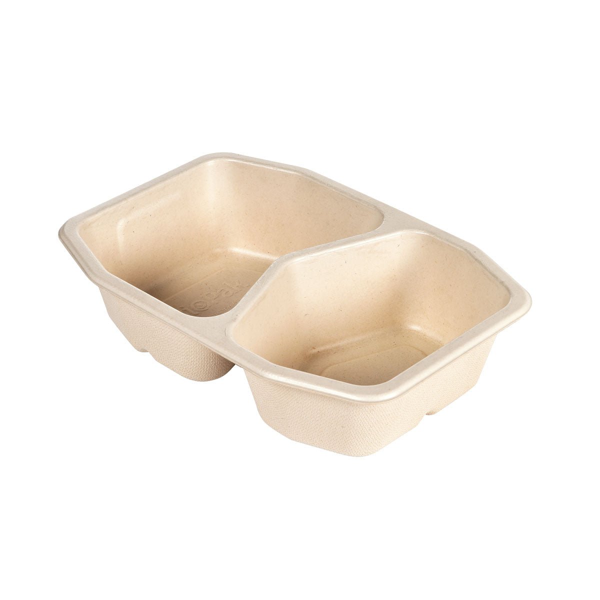Egy bézs HMR Fibretray/PLA 2-comp, 215x148x50 mm a Duni GmbH-tól bevont bagaszból. Két rekesszel, ferde oldalakkal és lekerekített sarkokkal a kényelmes ételkiszolgálás érdekében - környezetbarát egyszer használatos csomagolás (Csomag: 320 darab).