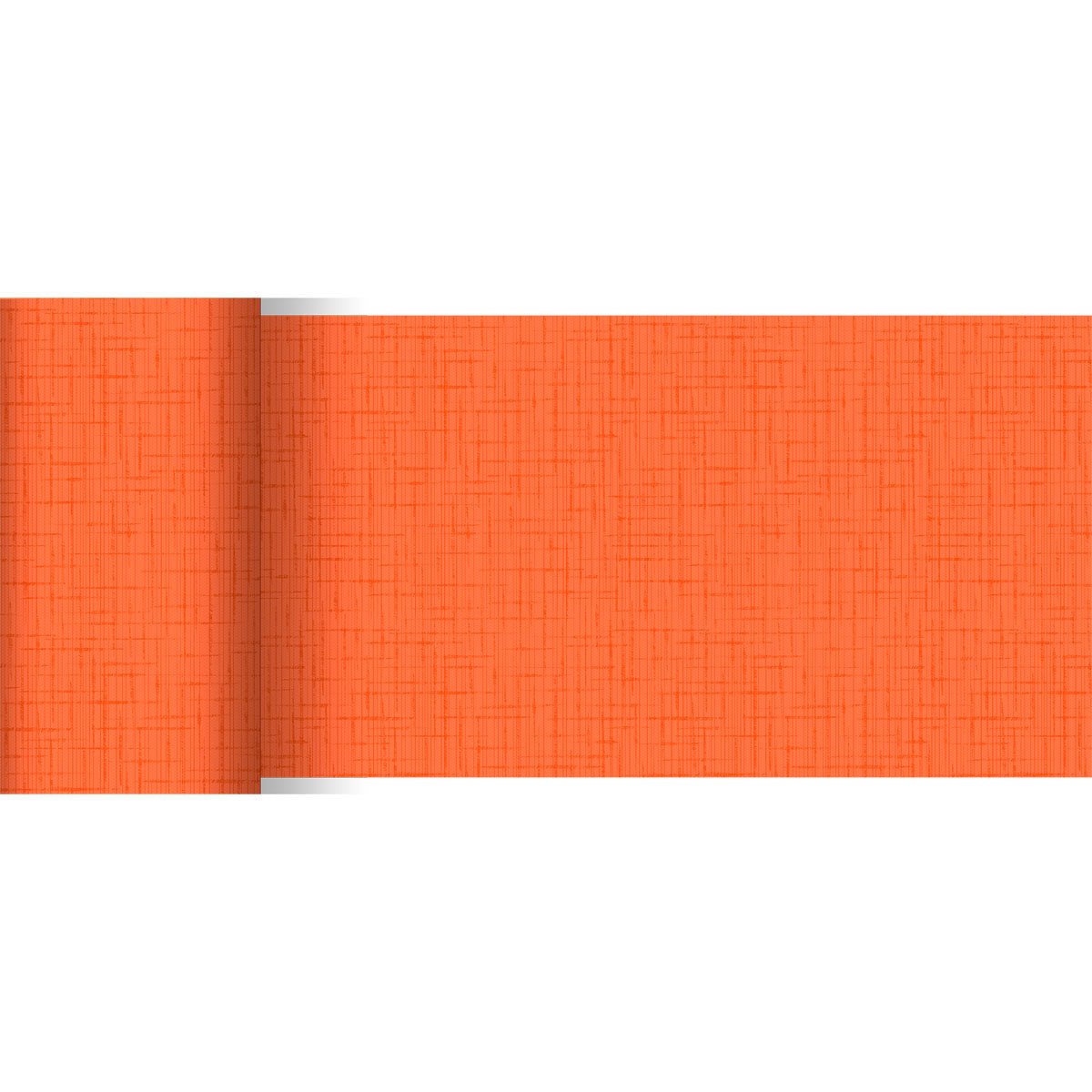 A részben kigurított narancssárga Dunicel asztali futó (20 m x 15 cm) a Duni GmbH-tól finom, keresztezett vonalmintával rendelkezik, élénk színe és dizájnja révén ideális egy stílusos asztaldekorációhoz.