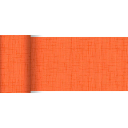 A részben kigurított narancssárga Dunicel asztali futó (20 m x 15 cm) a Duni GmbH-tól finom, keresztezett vonalmintával rendelkezik, élénk színe és dizájnja révén ideális egy stílusos asztaldekorációhoz.