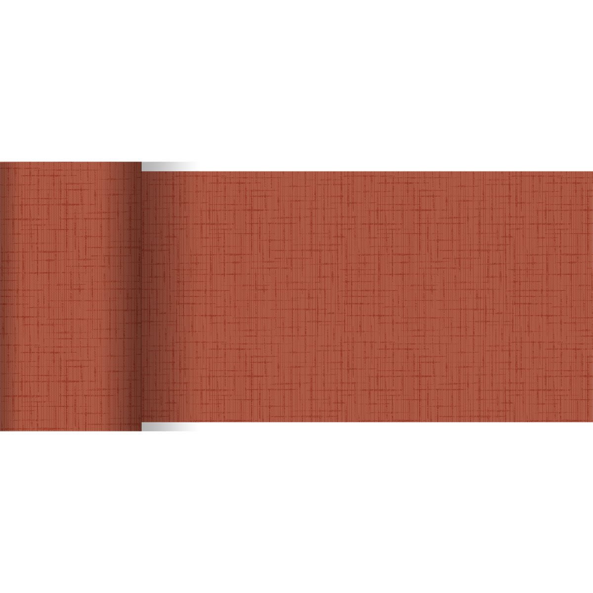 A Duni GmbH Dunicel asztali futója (20 m x 15 cm) tompa rozsda vagy terrakotta színű, strukturált keresztvonalas mintával, részben kigurítva fehér háttér előtt - ideális asztaldekorációként.