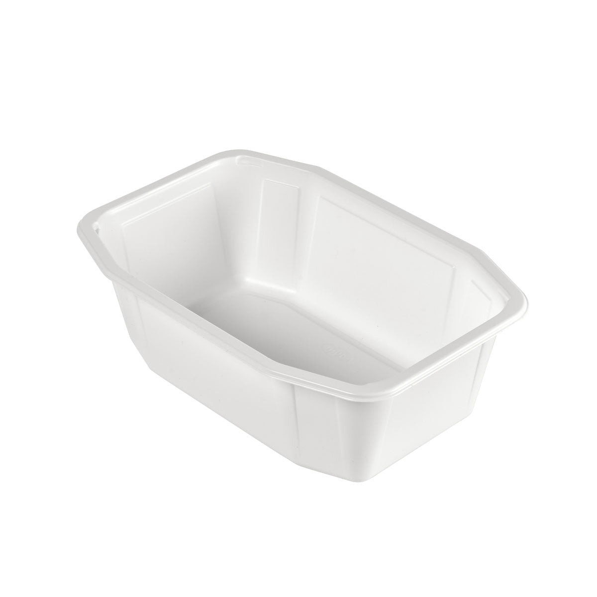 A Duni GmbH PP HMR Fehér PP 215x148 tál egy egyszerű, fehér, téglalap alakú műanyag élelmiszertartály enyhén lecsapott oldalakkal és lapos aljjal, fehér háttér előtt ábrázolva.