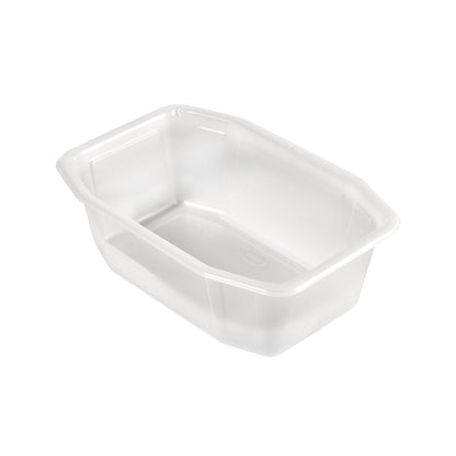 A Duni GmbH PP tál HMR Átlátszó PP 215x148, egy tiszta téglalap alakú tartály ferde oldalakkal és lekerekített sarkokkal, üresen látható fehér háttér előtt.