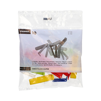 Egy átlátszó zacskó 10 színes Starpak PP zárócsipesszel 3 méretben, márkával és részletekkel feliratozva. Tökéletes az élelmiszerek frissen tartásához.