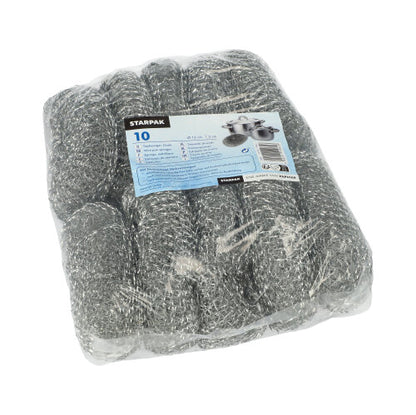 Egy műanyagba csomagolt csomag 10 kerek Starpak edénytisztító súrolóbetéttel ezüst drótból, kék-fehér címkével, amelyen a "Starpak" márkanév és termékinformációk szerepelnek.