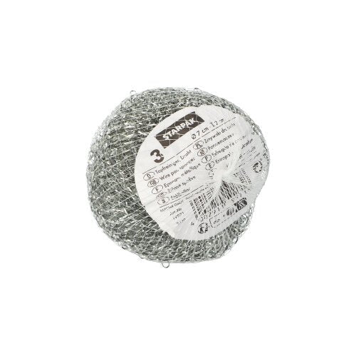 A Starpak 3 edénytisztító (drót Ø 7 cm · 2 cm, karcoló | háló, 3 darab) kerek fém súroló szivacsok fehér információs címkével, ideális különböző felületek alapos tisztításához és súrolásához.