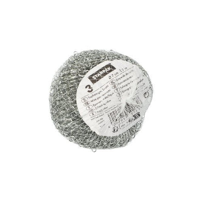 A Starpak 3 edénytisztító (drót Ø 7 cm · 2 cm, karcoló | háló, 3 darab) kerek fém súroló szivacsok fehér információs címkével, ideális különböző felületek alapos tisztításához és súrolásához.