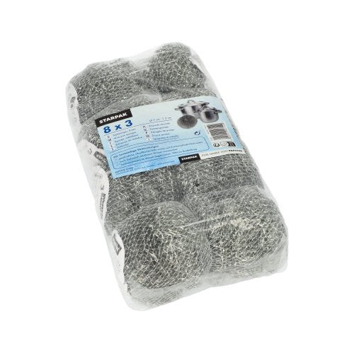 Egy átlátszó, műanyagba csomagolt csomag három Starpak drót edénytisztítóval (Ø 7 cm, 2 cm, karcoló) a „Starpak” felirattal. A kék-fehér címke több nyelven hirdeti a hatékony tisztítási megoldást edényekhez és serpenyőkhöz.