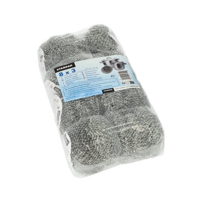 Egy átlátszó, műanyagba csomagolt csomag három Starpak drót edénytisztítóval (Ø 7 cm, 2 cm, karcoló) a „Starpak” felirattal. A kék-fehér címke több nyelven hirdeti a hatékony tisztítási megoldást edényekhez és serpenyőkhöz.